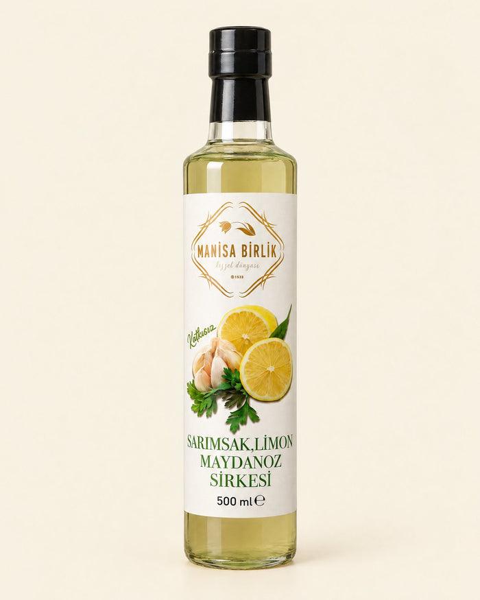 Manisa Birlik Knoblauch-Zitrone-Petersilie-Essig 500 ml – Sarımsak Limon Maydanoz Sirkesi