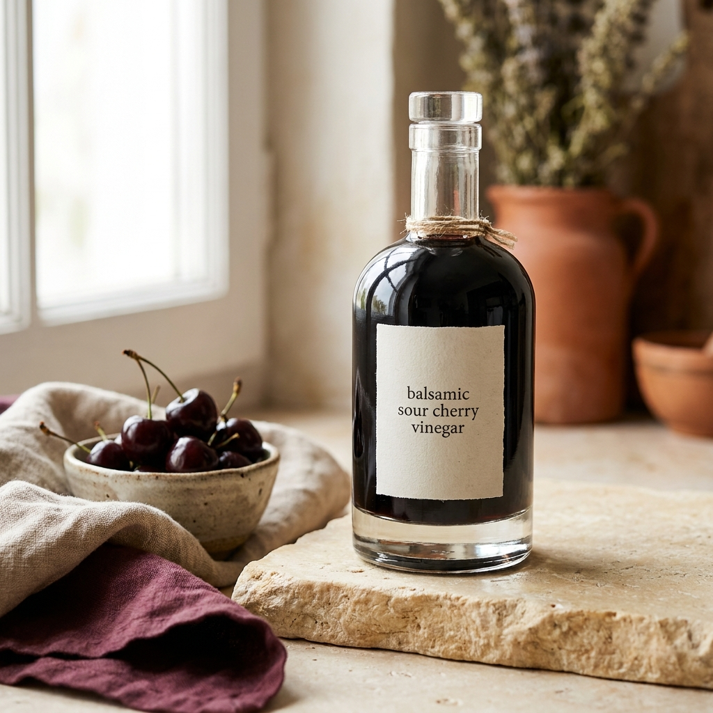 Havrano Sauerkirsch-Balsamico Flasche mit frischen Sauerkirschen