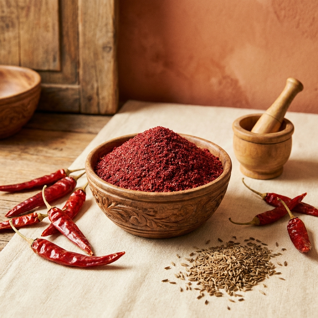 Gewürze – Holzschüssel mit Sumach, Chilis und Mörser