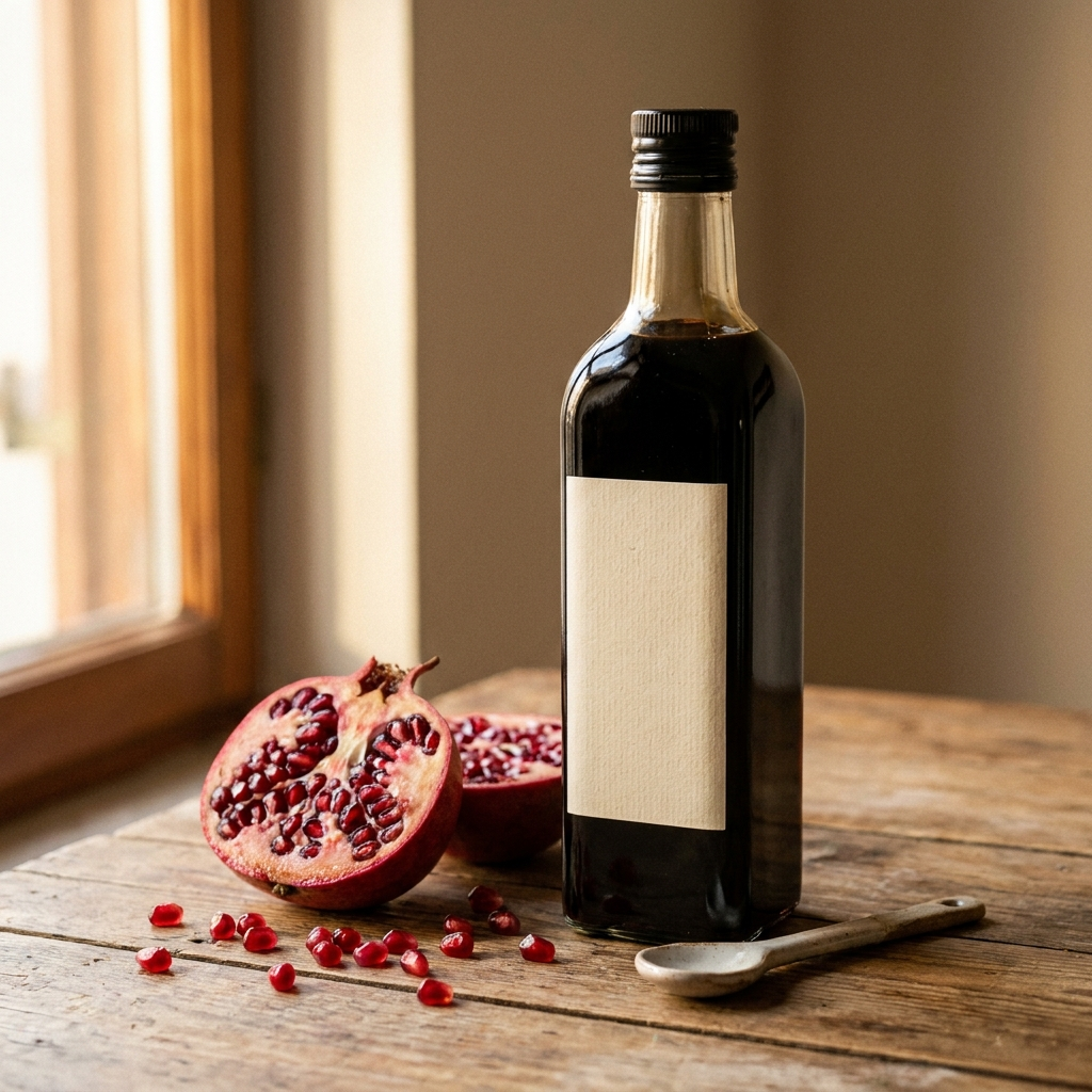 Essige & Sirupe – Granatapfelsirup-Flasche mit halbiertem Granatapfel