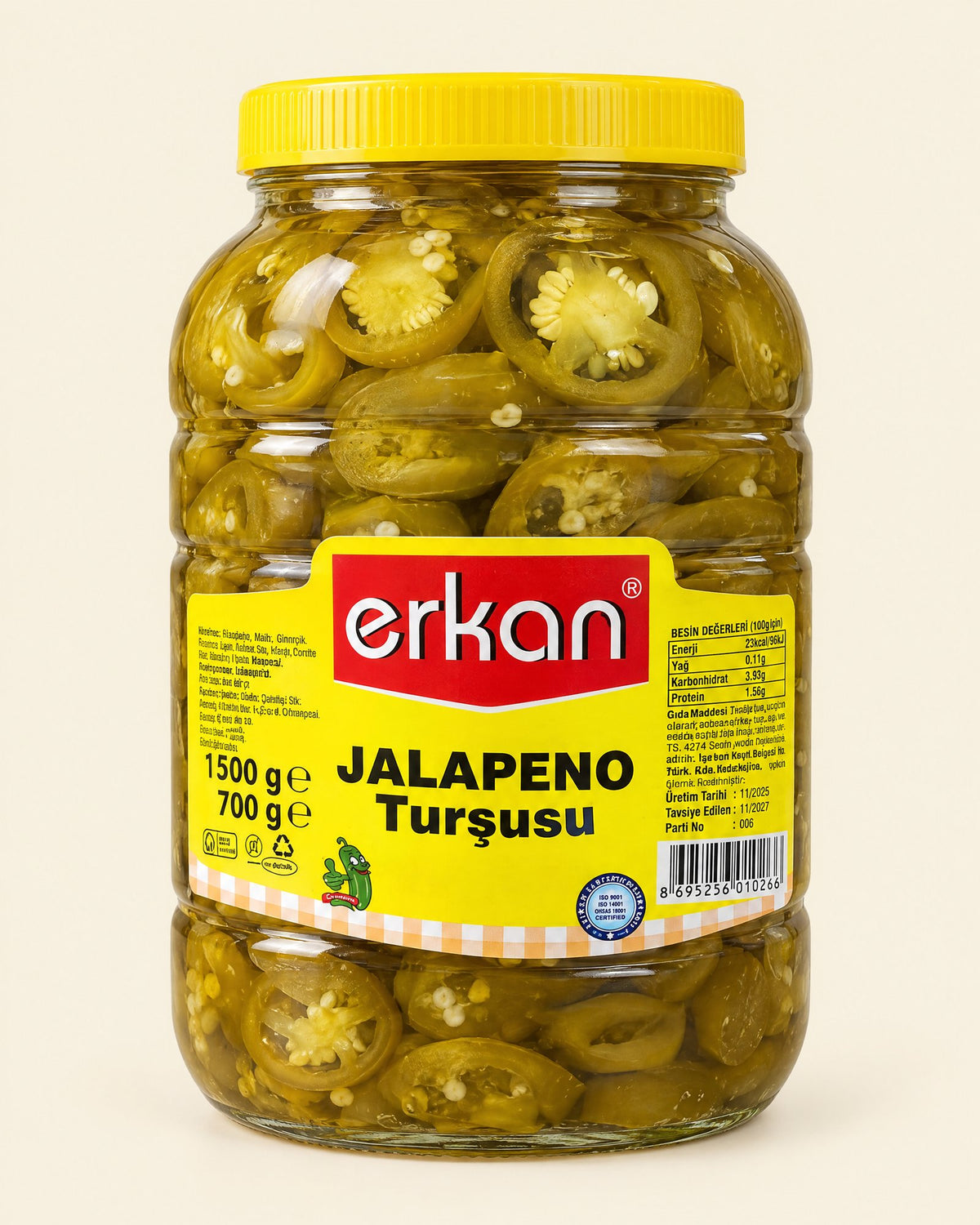 Erkan Jalapeño-Scheiben eingelegt 1500 g – Jalapeno Turşusu